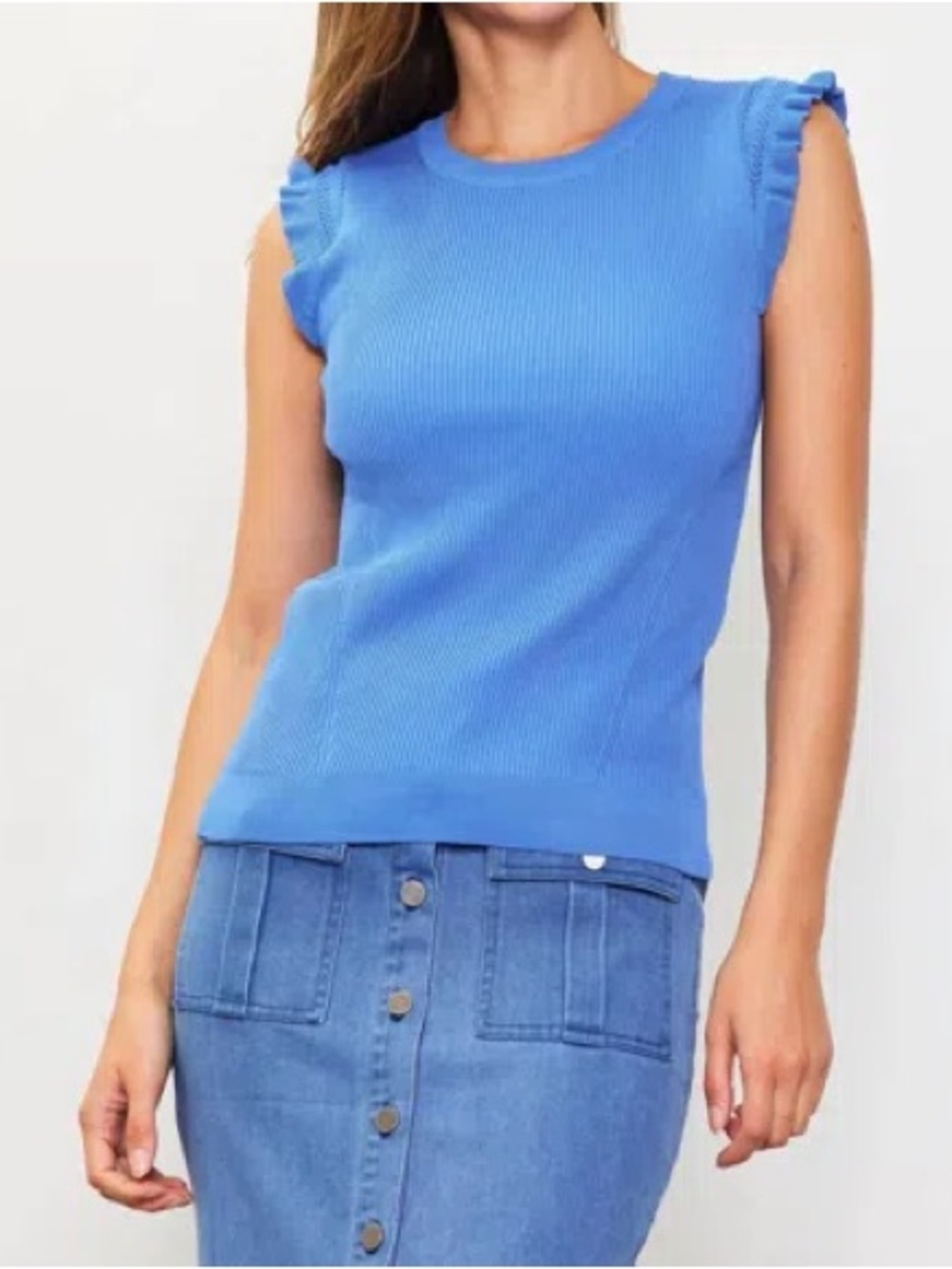 Skies Are Blue Bright Blue Ruffle Sleeve Ribbed Tank